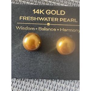 14K Solid Yellow Gold Freshwater Golden Pearl Stud Earrings